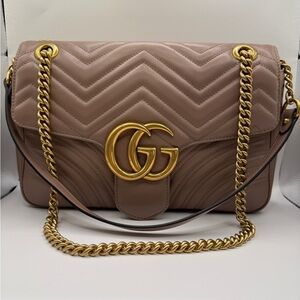 Gucci Chevron Quilted Shoulder Bag - Taupe with Gold Hardware